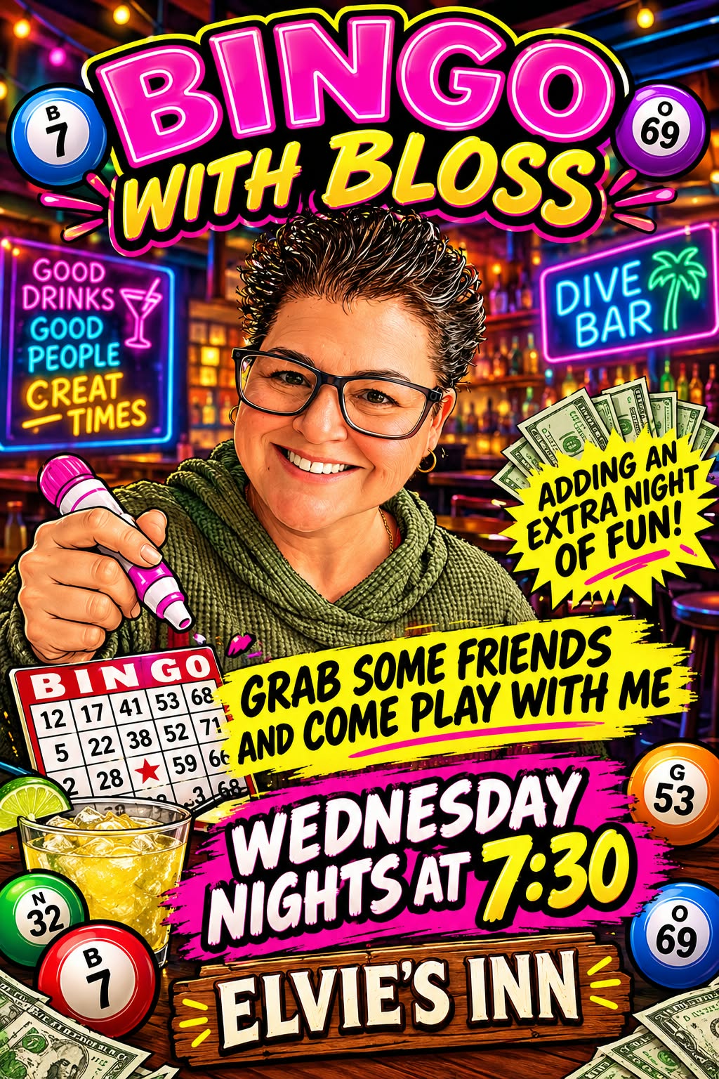 Bingo with Bloss at Elvie's Inn on Wednesdays flyer